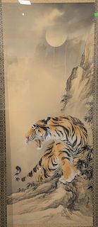 Framed Oriental scroll, watercolor on silk of a tiger in moonlight landscape, image size 54" x 22".