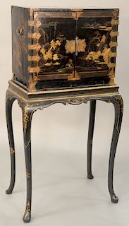 Black lacquered cabinet on stand, top having double doors with painted mountainous landscape scene, opening to seven various drawer interior all resti