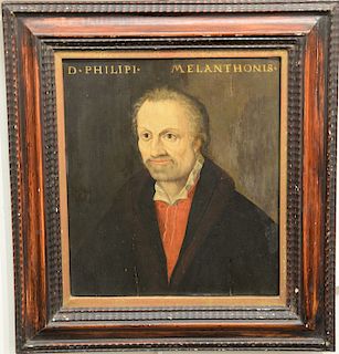 Portrait of Philip Melanchthon, oil on panel, marked "D. PHILIPI MELANTHONIS", unsigned, old Christies tag on back, 14" x 12 1/4".