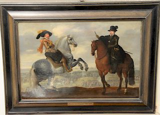 Attributed to Pauwels Van Hillegaert (1596 - 1640), oil on panel, 17th century having two military officers on horseback overlooking battle in foregro