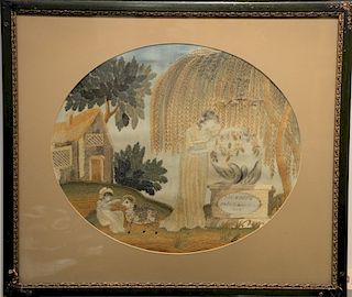 Embroidery and painting on silk of a mourning scene, having embroidered house and weeping willow tree over girl playing with sheep, mother holding flo