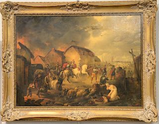 Italian school (18th/19th century), oil on canvas, battle scene at town's edge, having knights in armor on horseback with windmills in background, rel