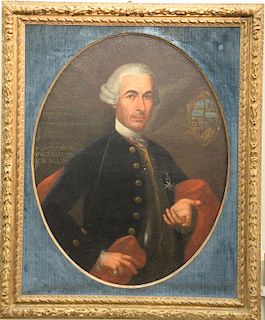 Portrait of military officer, oval oil on canvas, "D GASPARED ANGELO CAY GEROSOLIMO" written center left, coat of arms shield on right side, unsigned,