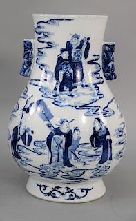Blue and white Hu vase, with tubular handles, painted with eight immortals and clouds, 19th century or later. height 15 inches.