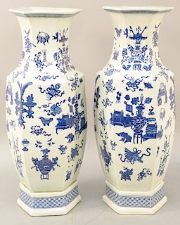 Large pair of blue & white hexagonal baluster vases, China, decorated with Daoist precious symbols, unmarked, height: 24 inches.
