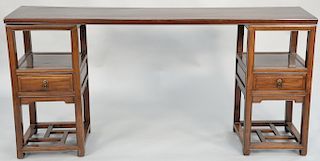 Dark hardwood three piece scroll desk/altar table, China, 19th/20th century, height: 32 inches, top: 15" x 69".