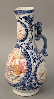 Export pitcher, China 18th century, with underglaze blue decoration and famille rose exterior figural scene, qilin serpentine handle (one leg broken) 