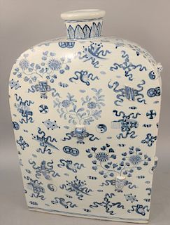 Large blue and white Chinese vase, flask form with molded antiques and scroll, repaired. height 20 inches. Provenance: Estate of Mark W. Izard MD, Cid