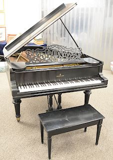 Steinway baby grand piano, model A, ebonized finish marked Steinway and Sons ornamental design tubular metallic action frame, overstrung scale, A 4632