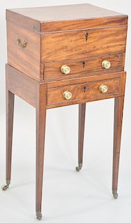 Federal mahogany chest on stand, having lift top over one drawer on base, with one drawer all set on square tapered legs. height 37 inches, top: 14" x