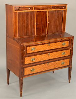 Federal mahogany tambour desk in two parts, upper section with three drawers over central door flanked by two tambour doors opening to reveal small dr