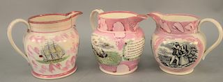 Three luster decorated pitchers, two with Iron Bridge at Sunderland, one with lifeboats, one handle with slight crack, two early/mid 19th century. tal
