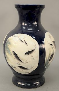 Republic porcelain vase, having panels painted with fish. height 15 1/2 inches.