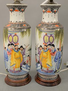 Pair of Chinese vases, painted with Temper or Guanyin figures, mounted into table lamps probably Republic period. vase height 13 1/2 inches.