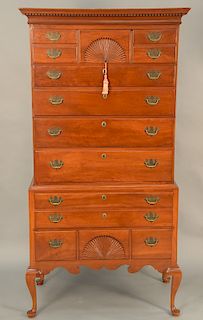 Queen Anne cherry flat top chest on chest, top section having dentil carved molded edge cornice top over fan carved top drawer having five false short