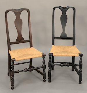 Two Queen Anne side chairs, each having crest over plate back with rush seat and turned legs and front stretcher. height 40 inches, seat height 17 inc