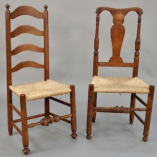 Cherry side chair, having four arch ladder back with rush seat on turned legs and a bold turned stretcher all set on long turned feet, signed A.H. 177