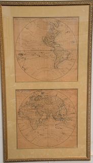 J Covens and C. Mortier, engraving, pair of framed maps, Hemisphere Oriental, sight size: 19" x 19" each panel, total size 46" x 25". Provenance: A So