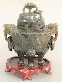 Chinese green jade covered urn, having carved rosettes and ring handles on a quad foot base. total height 6 1/2 inches, figure height 5 1/2 inches. Pr