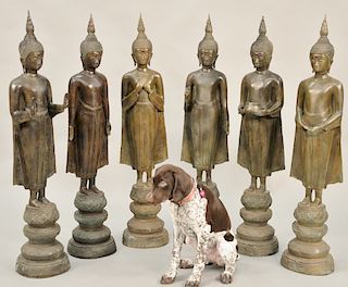 Set of six large bronze Buddha figures, all standing with different poses, contemplation, begging, repelling the ocean, protection, all standing on lo