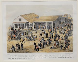 After H.F. Cox William Endicott, hand colored lithograph, "Post Office, San Francisco, California", a faithful representation of the crowds daily appl