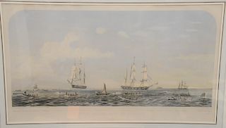 After Benjamin Russell ( 1804 - 1885), hand colored lithograph, "Sperm Whaling its Varieties" depicting different stages and methods of whaling by J.H