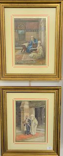 Pair of Vittorio Rappini (1877 - 1939), watercolor, pair of Orientalist interior, scholar two figure, both signed Rapini lower right, sight size: 13 1
