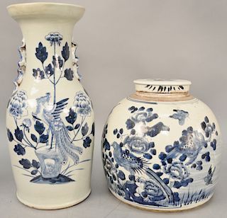 Two Chinese blue and white porcelain pieces, to include large ginger jar, decorated with birds and flowers and a Meiping form vase with phoenix bird (
