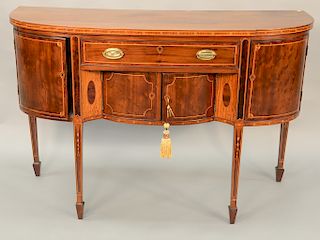 George III style mahogany sideboard, having D form top over case with one long drawer over two doors flanked by doors set on square tapered legs, prob