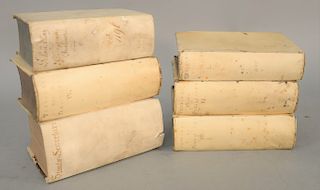 Group of six books, to include The Sauri Rerum Publicarum Paris, four volumes 1675 Geneva, Staats Segretarius 1749, Italian...Lombardy 1702.