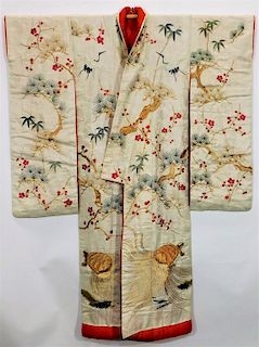Edo Period Embroidered White Silk Uchikake Kimono