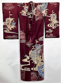 Meiji Period Boats and Flowers Furisode Kimono