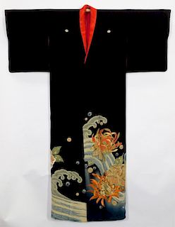 Japanese Meiji Period Floral Waves Tomesode Kimono