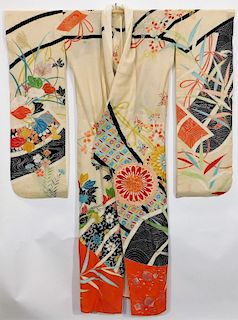 Meiji Period Blue Painted Flowers Furisode Kimono