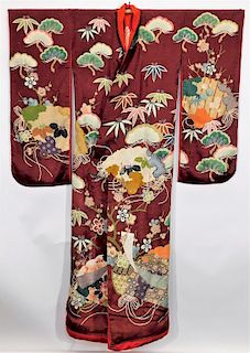Meiji Period Maroon Painted Fans Uchikake Kimono