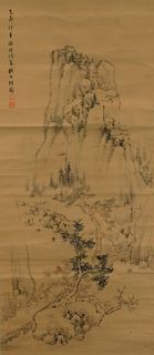 Japanese Mountainous Pass Hanging Scroll Painting
