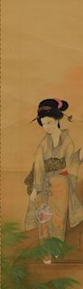 Japanese Geisha with a Fan Hanging Wall Scroll
