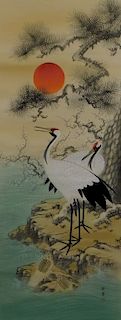Japanese Painted Cranes Hanging Scroll Painting