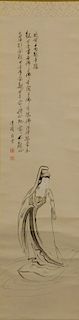 Japanese Geisha and Calligraphy Scroll Painting