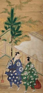 Japanese Conversing Men Hanging Scroll Painting
