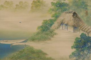 Japanese River Landscape Hanging Wall Scroll