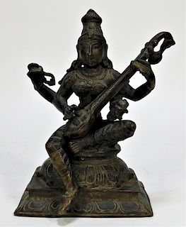 Antique Indian Bronze Figure of Seated Saraswati
