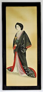 Japanese Watercolor Silk Painting of Lavish Geisha