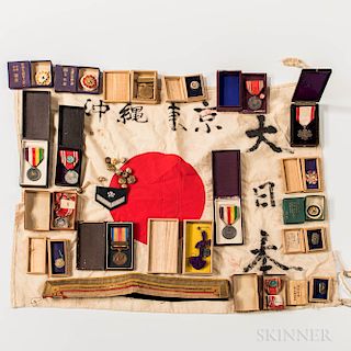 Group of Japanese WWII Medals and Flag