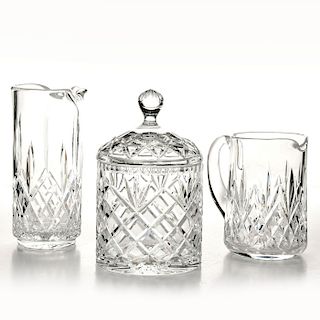 WATERFORD CRYSTAL; 2 MARTINI PITCHERS, ICE BUCKET