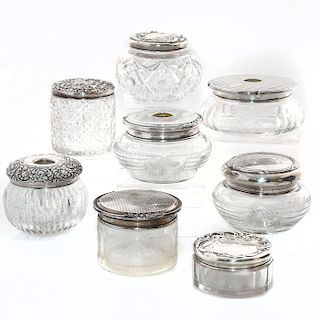 8 CRYSTAL JARS WITH STERLING SILVER TOPS