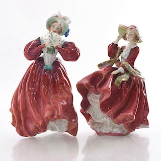 2 ROYAL DOULTON FIGURINES, VICTORIAN LADIES IN RED