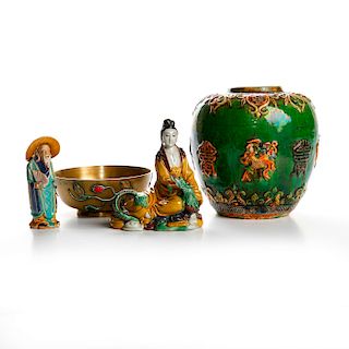 4 ASIAN STYLE VASE, FIGURINES AND BOWL