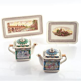 COLLECTION OF CERAMIC SHAKESPEARE TEAPOTS, TRAYS