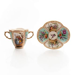 DOUBLE HANDLED FLORAL CUP AND SAUCER